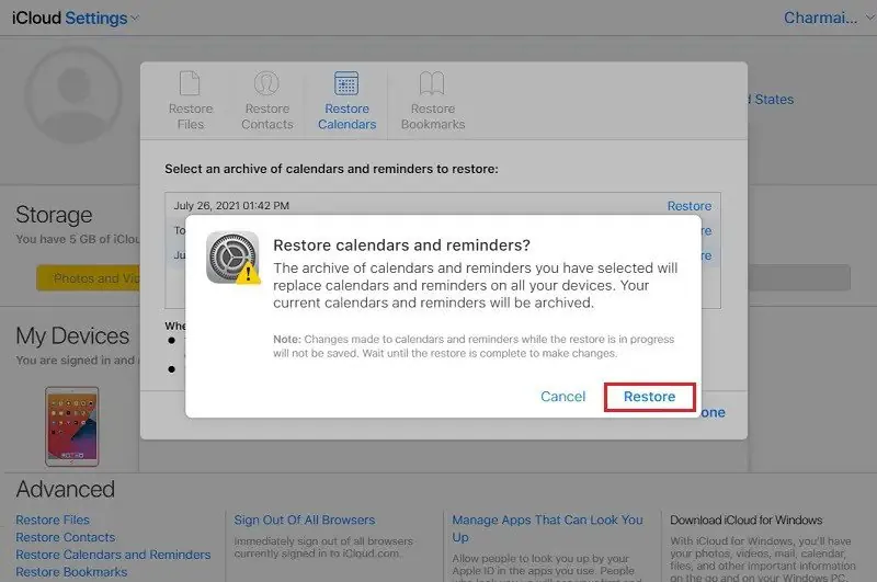 recover deleted calendar using itunes