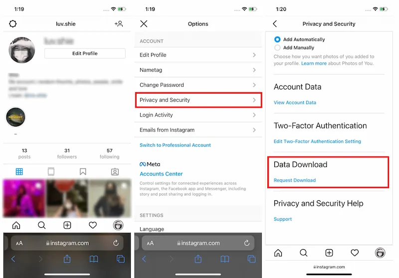 download instagram data before deleting the account and app