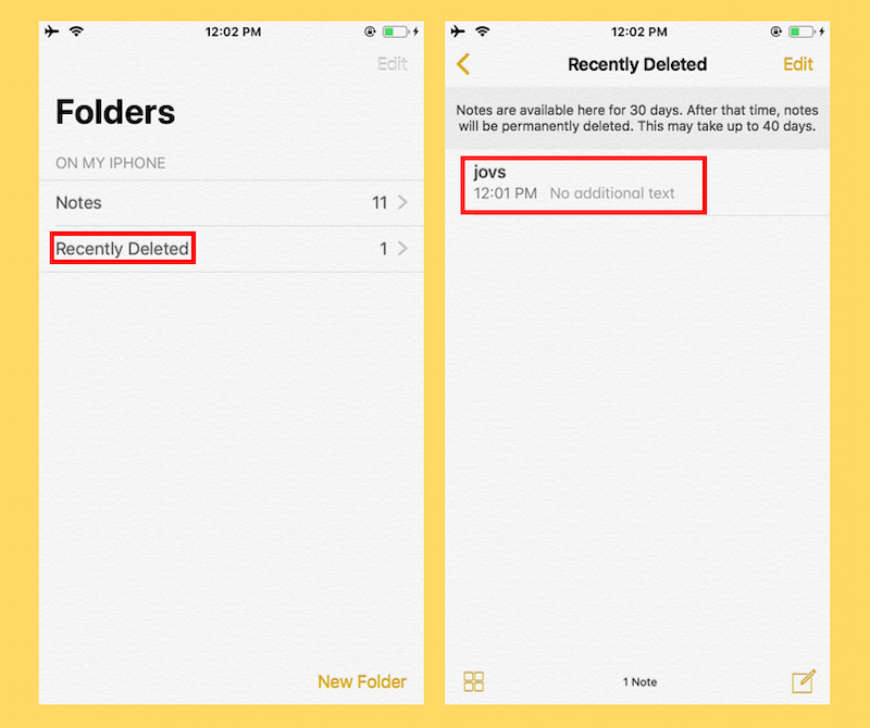 iphone notes disappear recentlydeleted