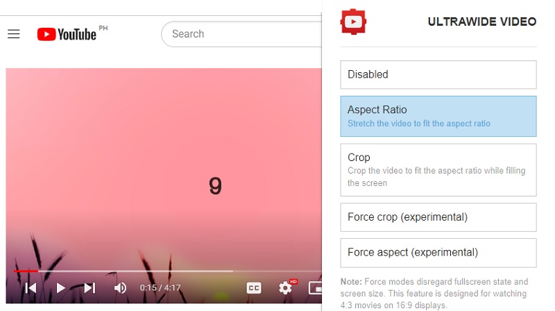 zoom in on youtube video ultrawide browser extension